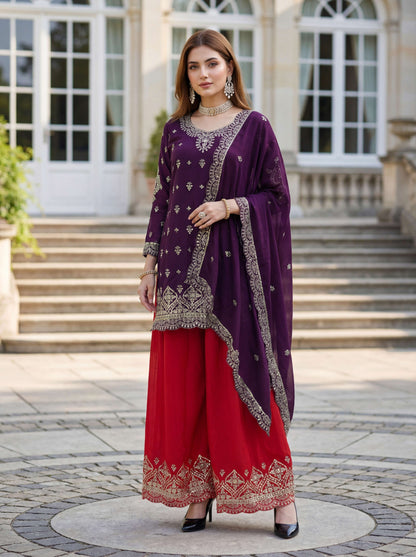 Elegant Purple Chinon Silk Kurti Contrast Bottom Embroidered Sequence Designer Function Wear Kurta Salwar Suit