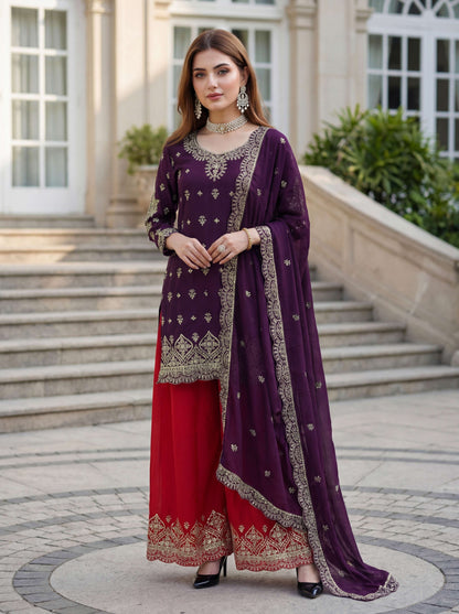 Elegant Purple Chinon Silk Kurti Contrast Bottom Embroidered Sequence Designer Function Wear Kurta Salwar Suit