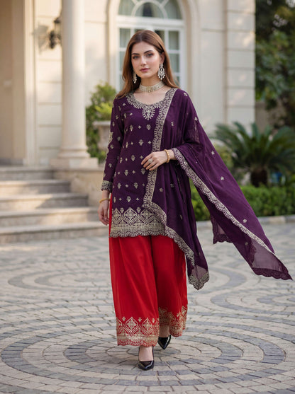 Elegant Purple Chinon Silk Kurti Contrast Bottom Embroidered Sequence Designer Function Wear Kurta Salwar Suit