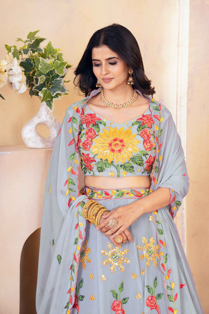 Amazing Grey Floral Embroidered  Event Wear Lehenga Choli With Dupatta