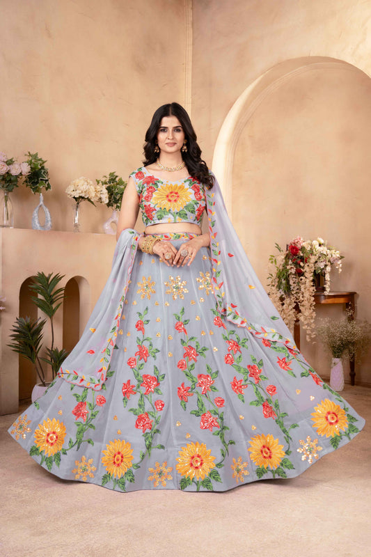 Amazing Grey Floral Embroidered  Event Wear Lehenga Choli With Dupatta