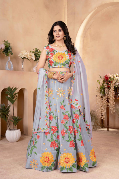 Amazing Grey Floral Embroidered  Event Wear Lehenga Choli With Dupatta