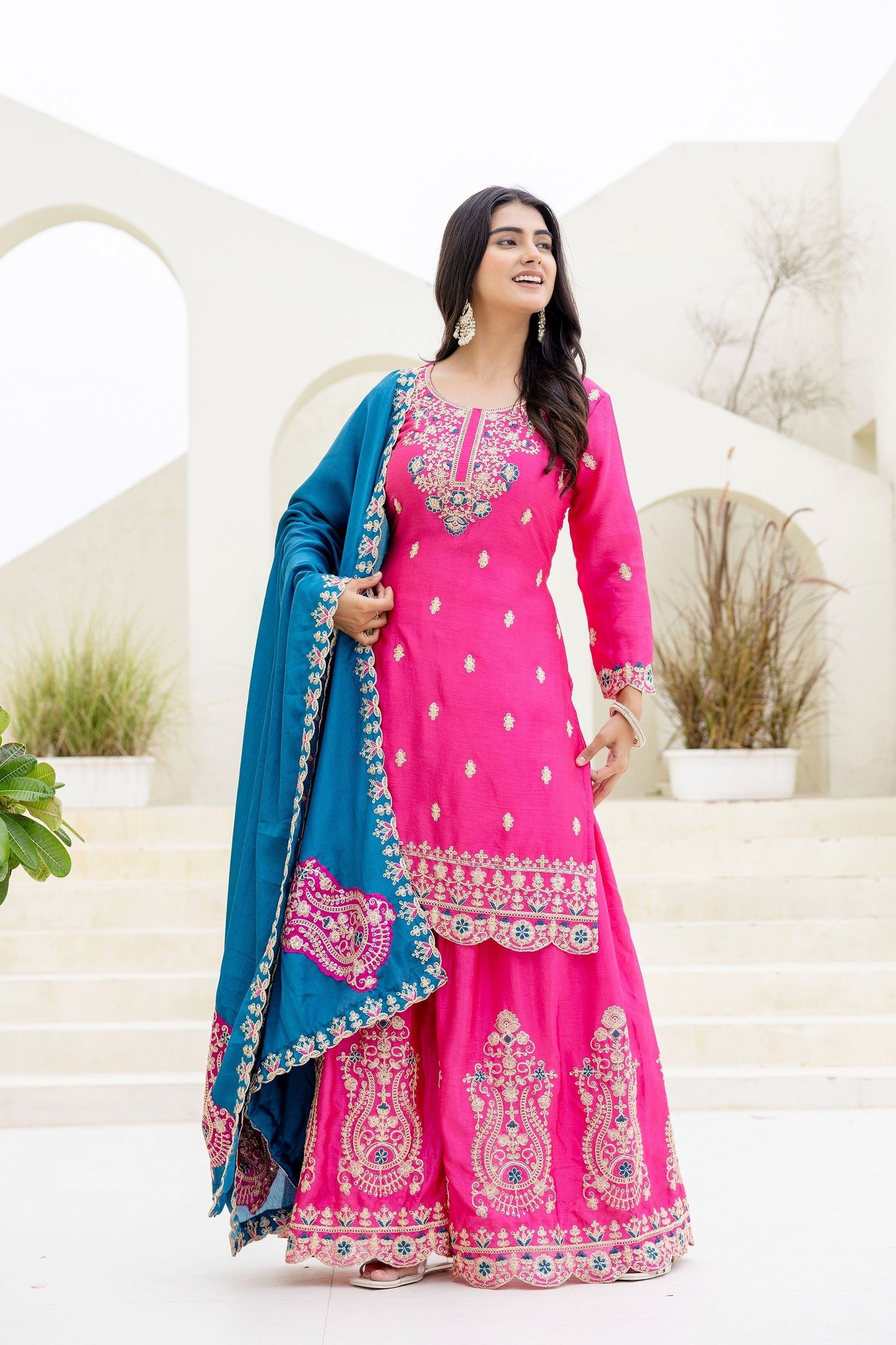 Fablous Rani Embroidered Sequence Designer Salwar Suit With Contrast Blue Dupatta