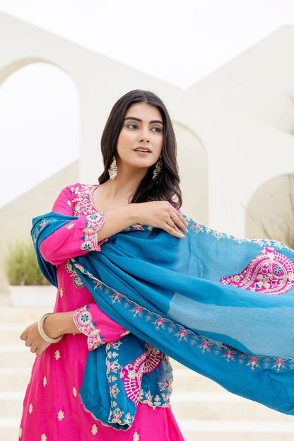 Fablous Rani Embroidered Sequence Designer Salwar Suit With Contrast Blue Dupatta