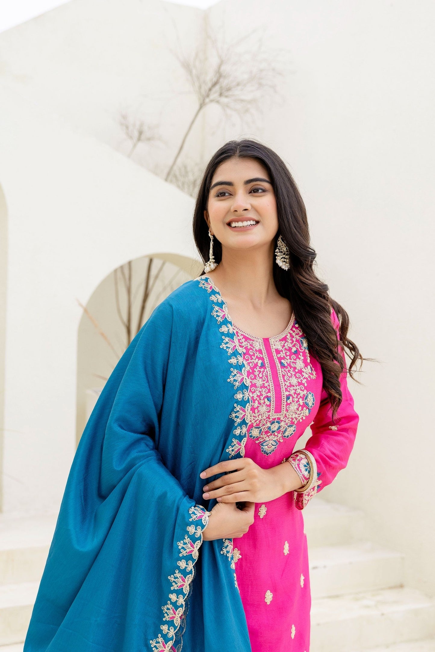 Enchanting Teal Blue Embroidered Sequence Designer Salwar Suit With Lace Border Pink Dupatta