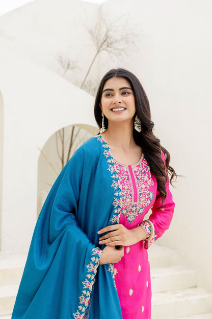 Enchanting Teal Blue Embroidered Sequence Designer Salwar Suit With Lace Border Pink Dupatta