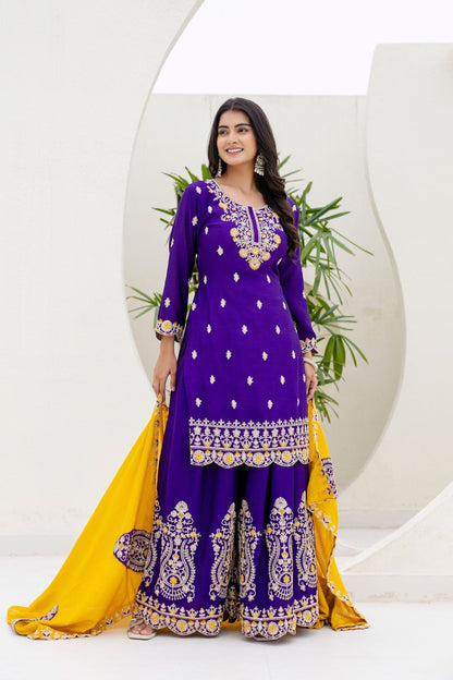 Incredible Royal Purple Embroidered Sequence Designer Salwar Suit With Amazing Mustard Dupatta