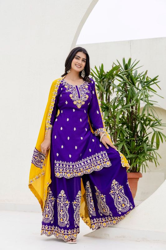 Incredible Royal Purple Embroidered Sequence Designer Salwar Suit With Amazing Mustard Dupatta