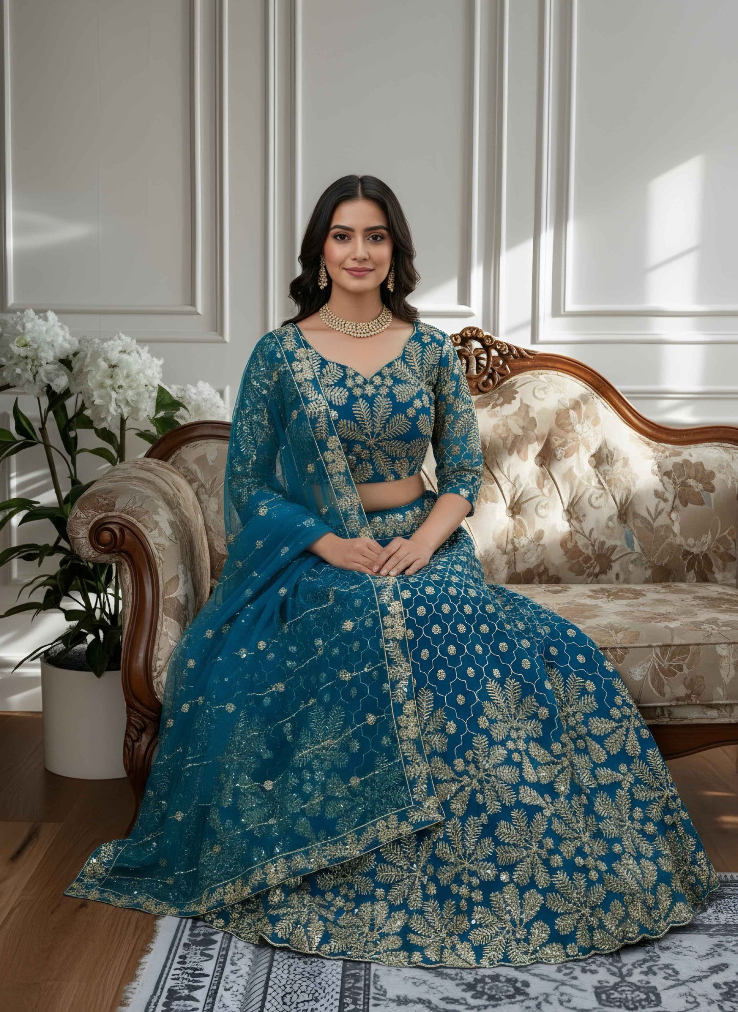 Stunning Teal Blue Net Golden Embroidery Bridal Wear Lehenga Choli With Dupatta