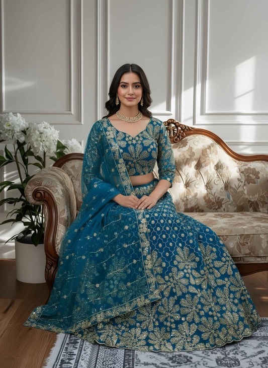 Stunning Teal Blue Net Golden Embroidery Bridal Wear Lehenga Choli With Dupatta