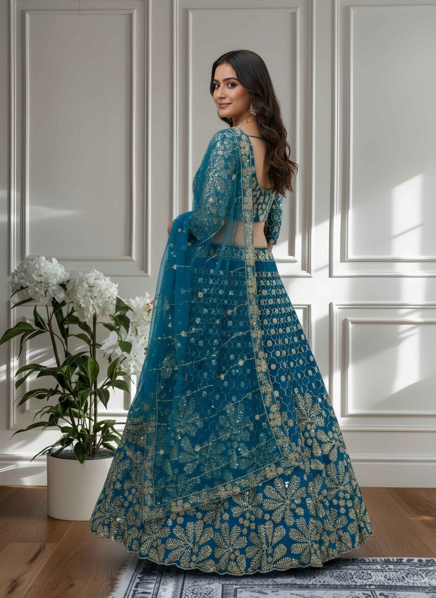 Stunning Teal Blue Net Golden Embroidery Bridal Wear Lehenga Choli With Dupatta