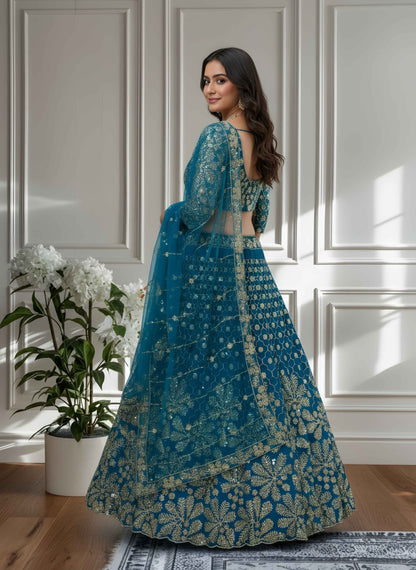 Stunning Teal Blue Net Golden Embroidery Bridal Wear Lehenga Choli With Dupatta