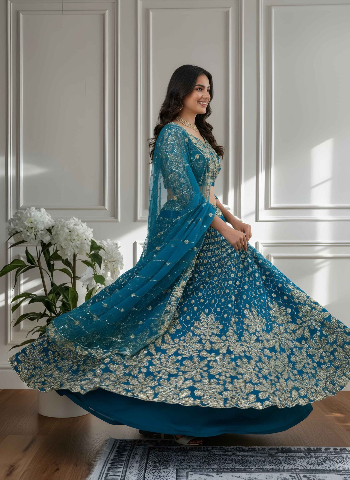 Stunning Teal Blue Net Golden Embroidery Bridal Wear Lehenga Choli With Dupatta