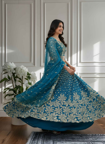 Stunning Teal Blue Net Golden Embroidery Bridal Wear Lehenga Choli With Dupatta