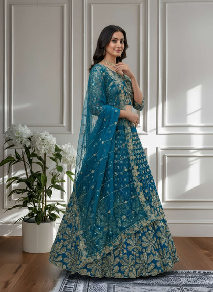 Stunning Teal Blue Net Golden Embroidery Bridal Wear Lehenga Choli With Dupatta
