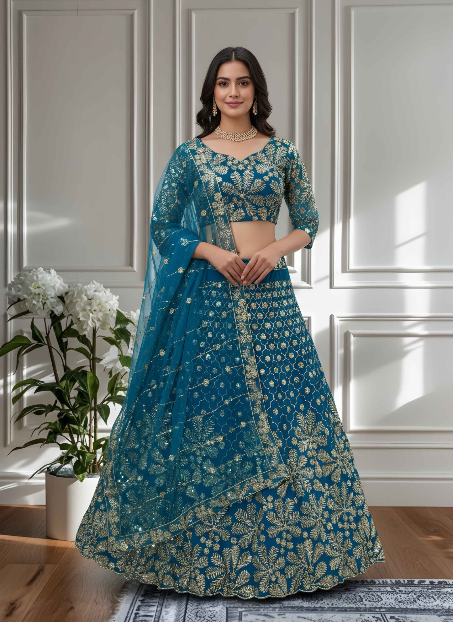 Stunning Teal Blue Net Golden Embroidery Bridal Wear Lehenga Choli With Dupatta