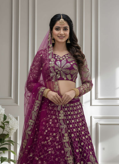 Stunning Purple Butterfly Net Golden Embroidery Bridal Wear Lehenga Choli With Dupatta