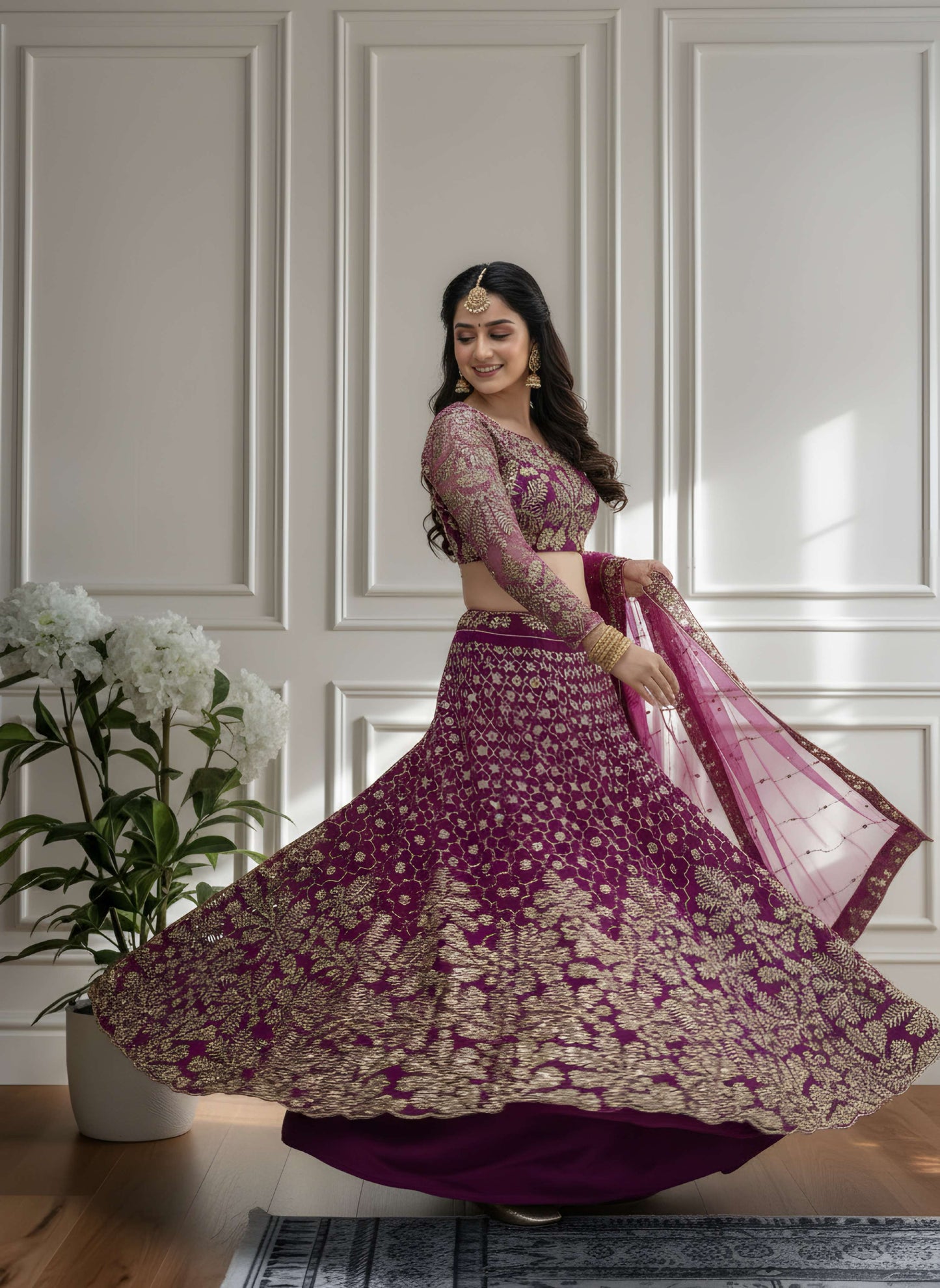 Stunning Purple Butterfly Net Golden Embroidery Bridal Wear Lehenga Choli With Dupatta