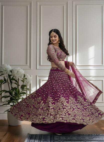 Stunning Purple Butterfly Net Golden Embroidery Bridal Wear Lehenga Choli With Dupatta