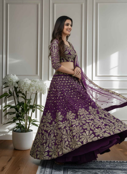 Crazy Wine Butterfly Net Golden Embroidery Bridal Wear Lehenga Choli With Dupatta