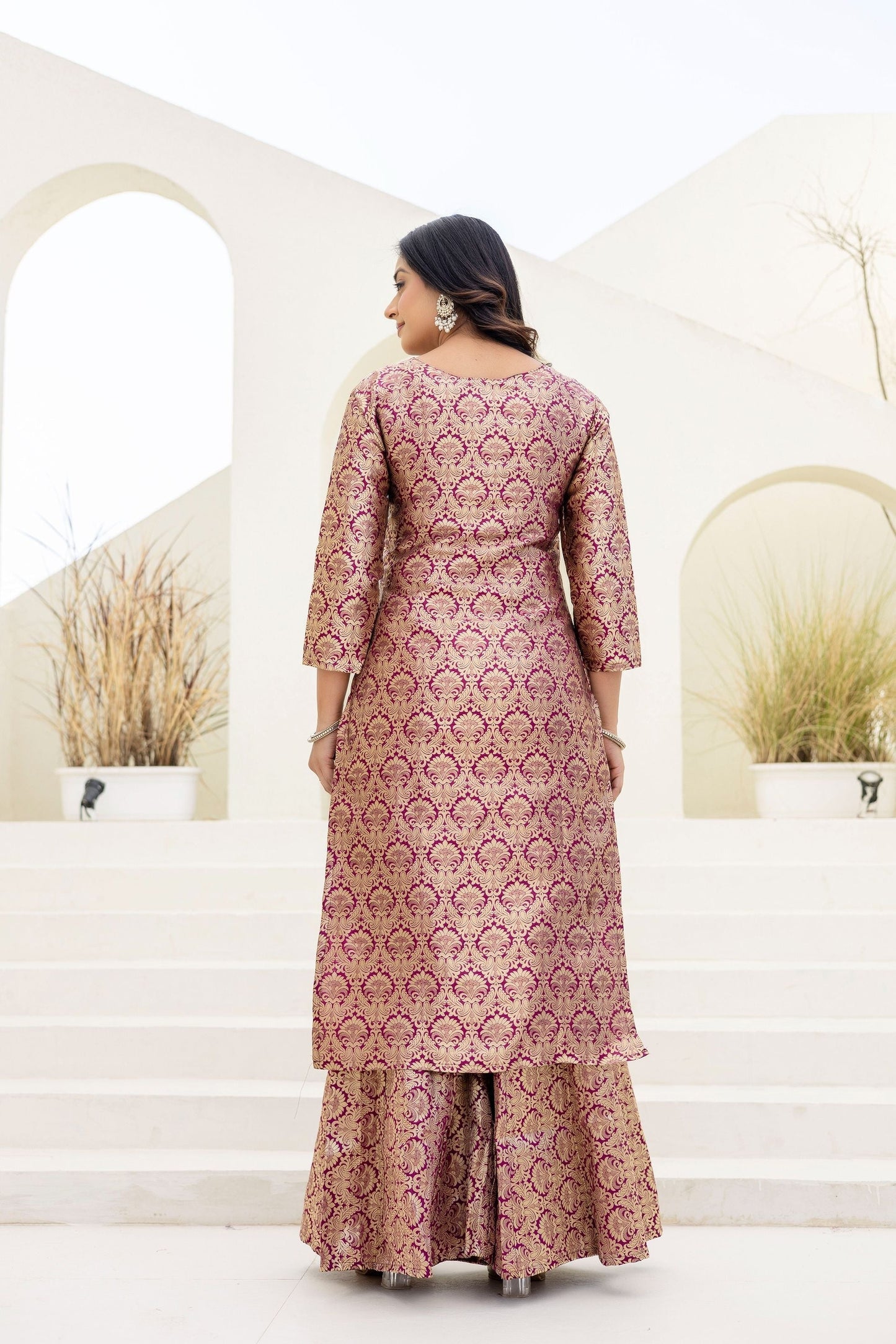 Elegated Stylish Viscose Jecard Traditional Wear Maroon kurta Paired With Plazzo Contrast Dupatta Set