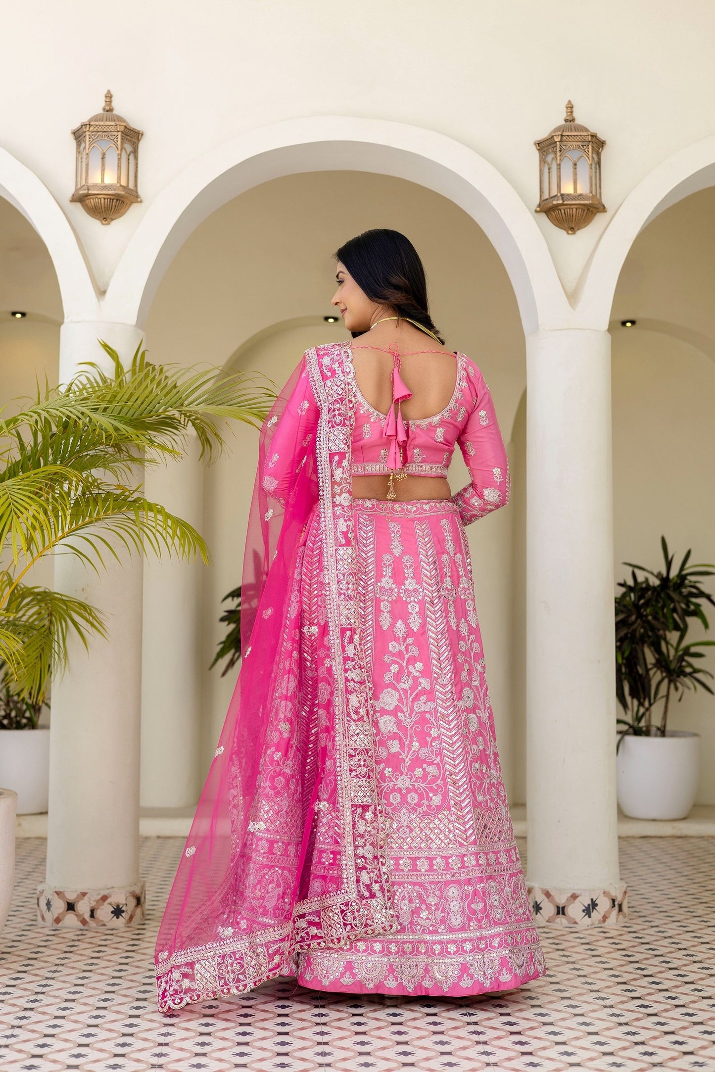 Pretty Pink Crap Silk  Sequence Zari Embroidery Designer Bridal Wear Lehenga Blouse With Dupatta