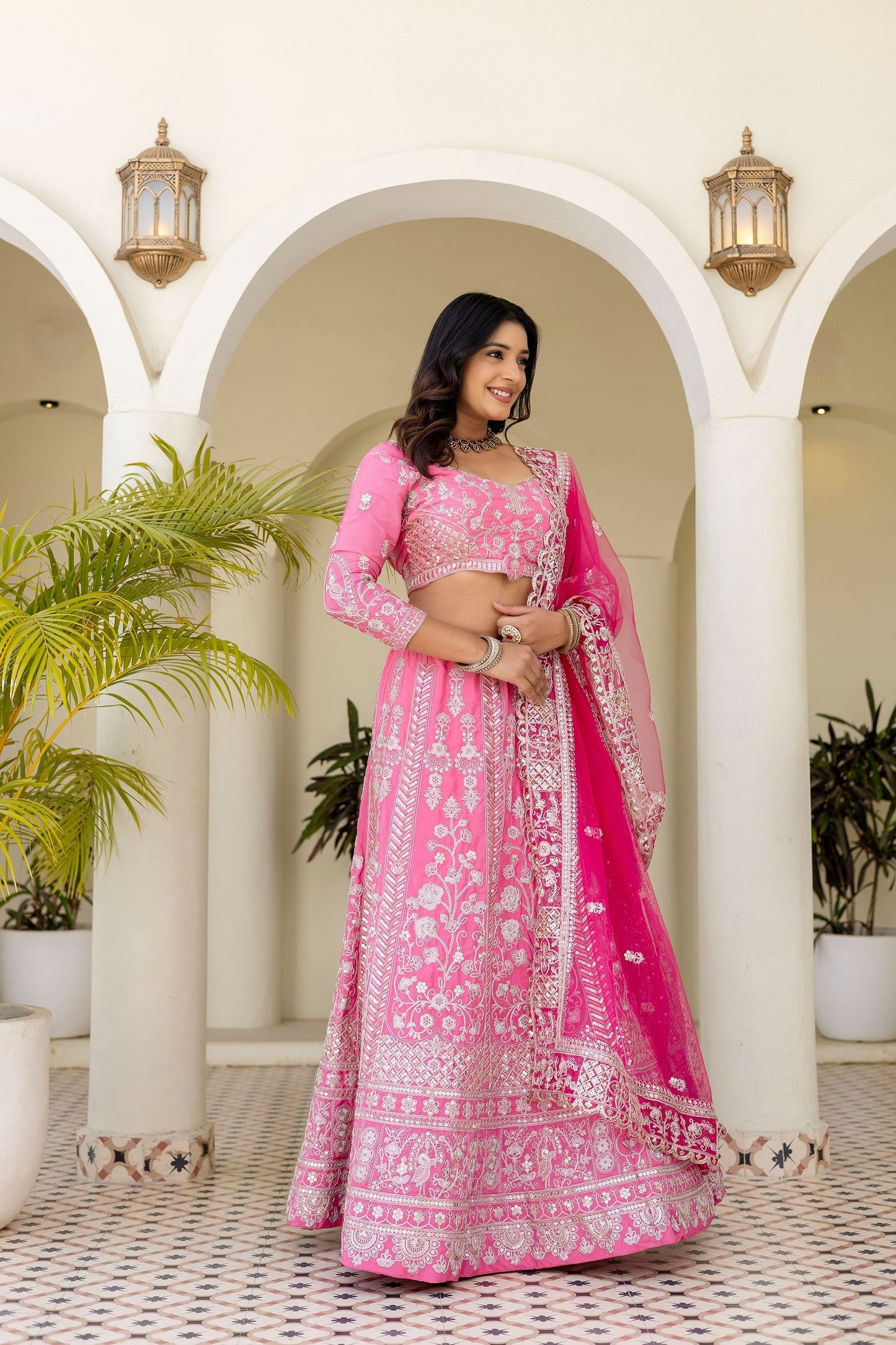 Pretty Pink Crap Silk  Sequence Zari Embroidery Designer Bridal Wear Lehenga Blouse With Dupatta