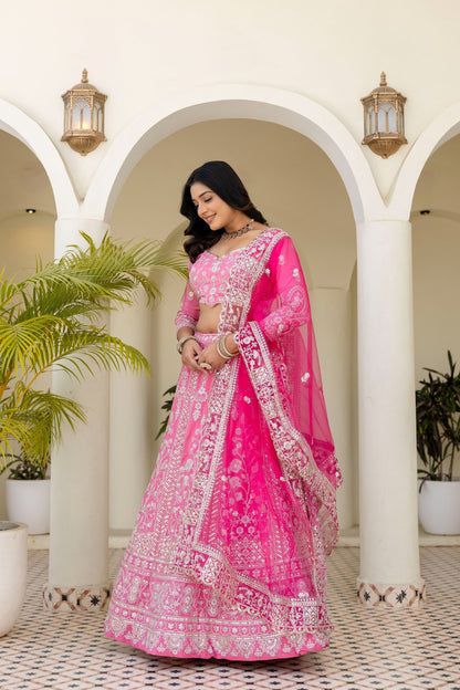 Pretty Pink Crap Silk  Sequence Zari Embroidery Designer Bridal Wear Lehenga Blouse With Dupatta