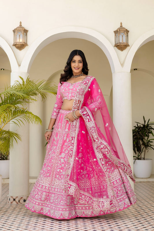 Pretty Pink Crap Silk  Sequence Zari Embroidery Designer Bridal Wear Lehenga Blouse With Dupatta