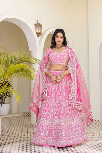 Pretty Pink Crap Silk  Sequence Zari Embroidery Designer Bridal Wear Lehenga Blouse With Dupatta