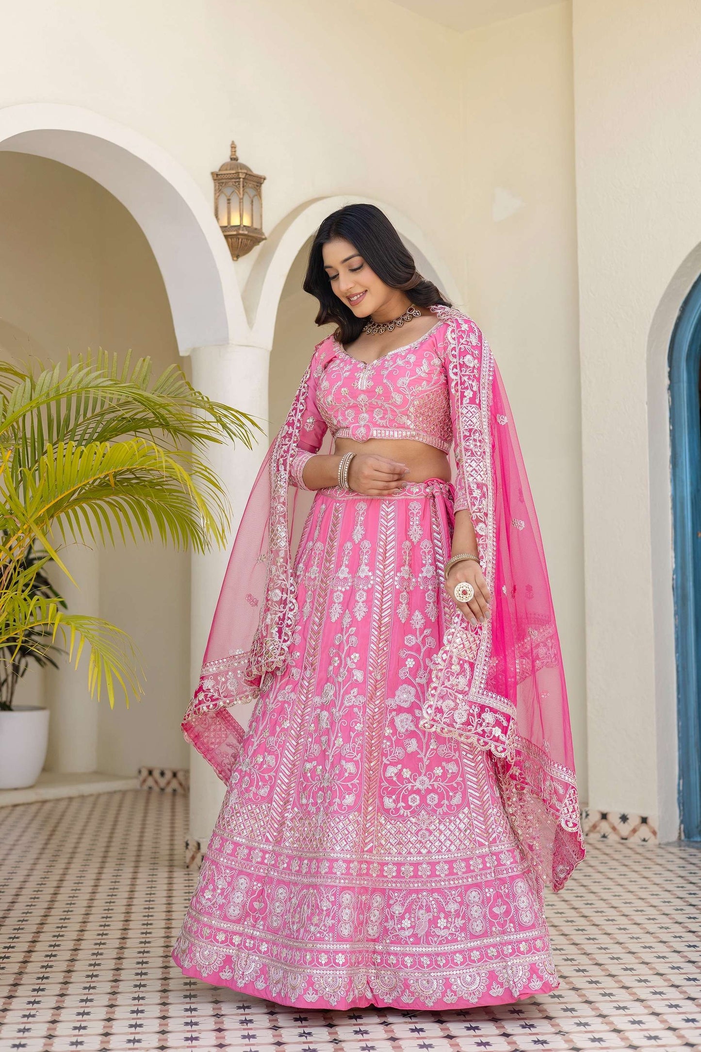 Pretty Pink Crap Silk  Sequence Zari Embroidery Designer Bridal Wear Lehenga Blouse With Dupatta
