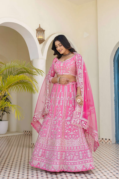 Pretty Pink Crap Silk  Sequence Zari Embroidery Designer Bridal Wear Lehenga Blouse With Dupatta