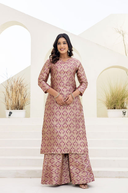 Elegated Stylish Viscose Jecard Traditional Wear Maroon kurta Paired With Plazzo Contrast Dupatta Set