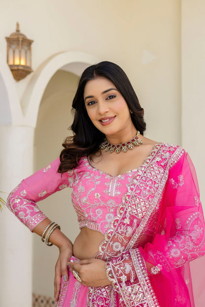 Pretty Pink Crap Silk  Sequence Zari Embroidery Designer Bridal Wear Lehenga Blouse With Dupatta