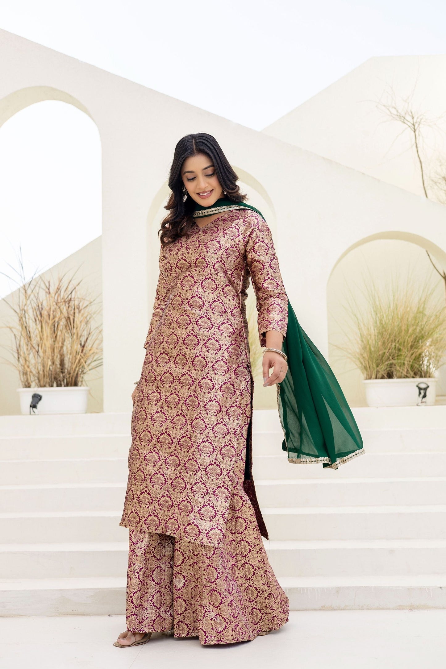 Elegated Stylish Viscose Jecard Traditional Wear Maroon kurta Paired With Plazzo Contrast Dupatta Set