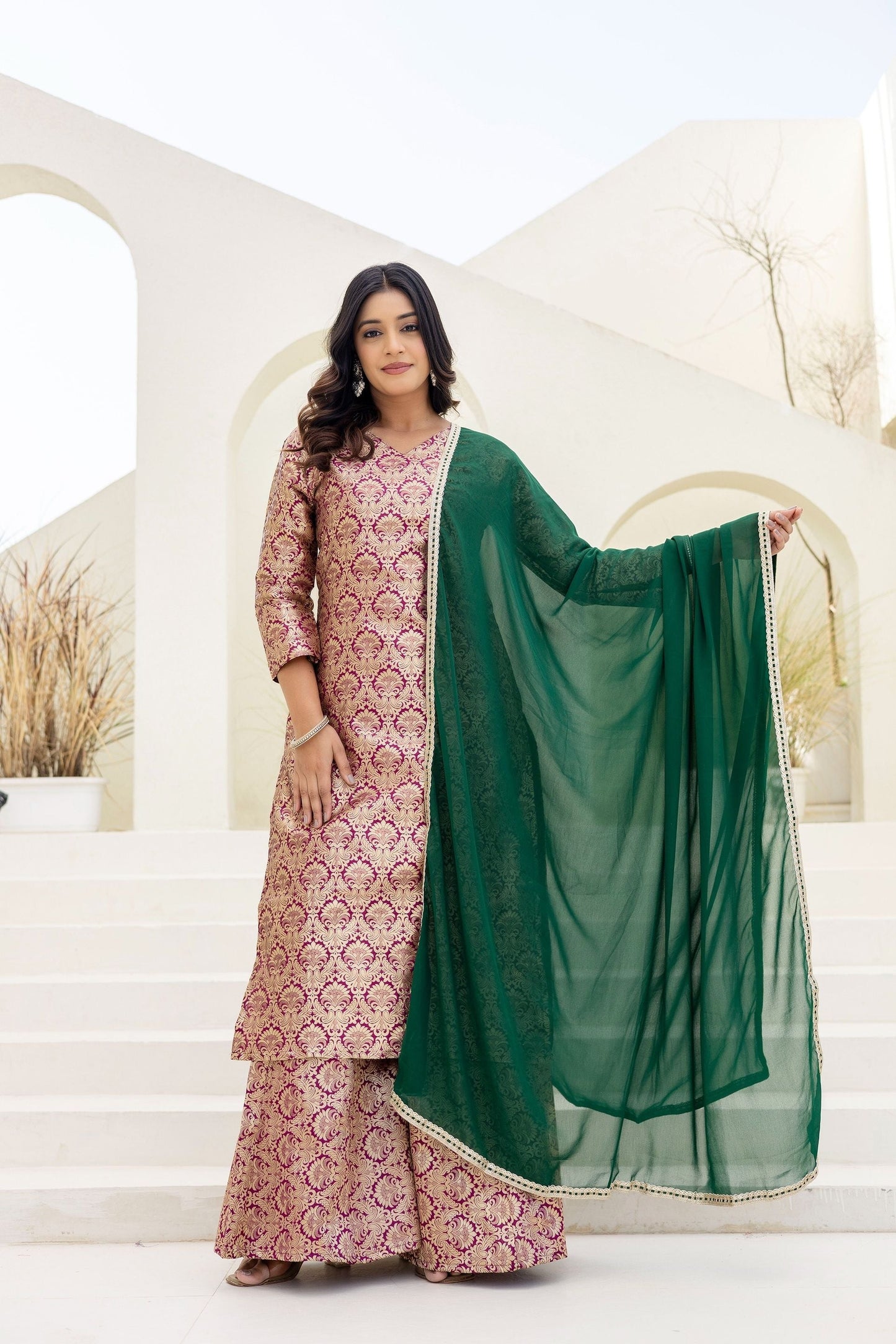 Elegated Stylish Viscose Jecard Traditional Wear Maroon kurta Paired With Plazzo Contrast Dupatta Set