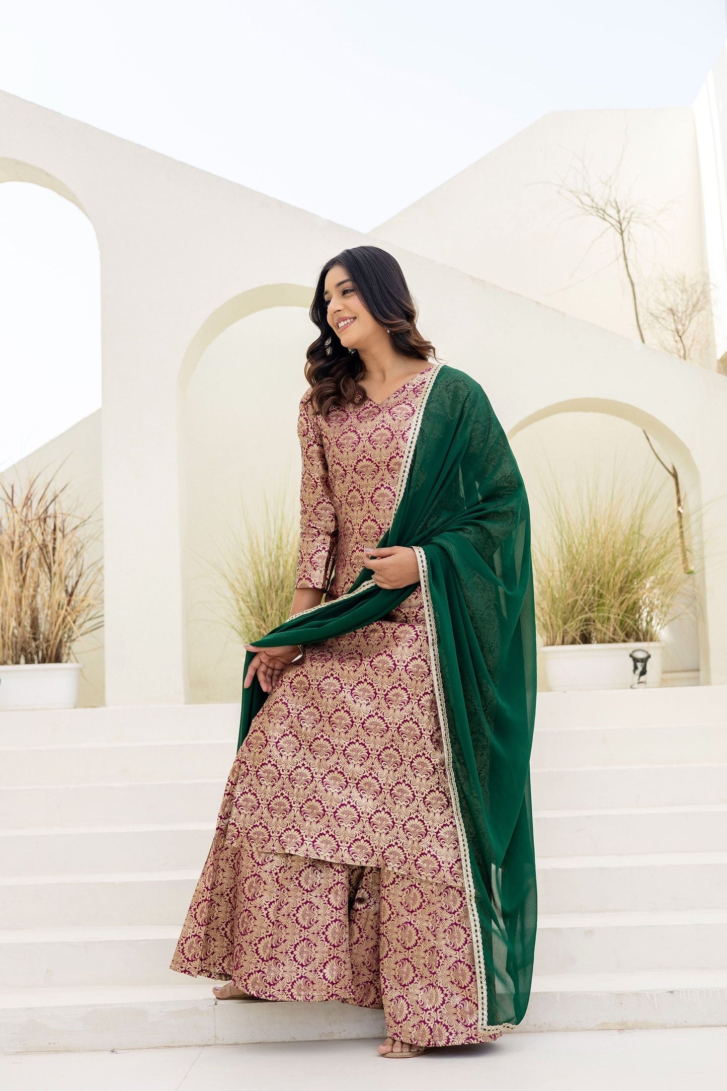 Elegated Stylish Viscose Jecard Traditional Wear Maroon kurta Paired With Plazzo Contrast Dupatta Set