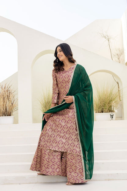 Elegated Stylish Viscose Jecard Traditional Wear Maroon kurta Paired With Plazzo Contrast Dupatta Set