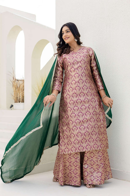 Elegated Stylish Viscose Jecard Traditional Wear Maroon kurta Paired With Plazzo Contrast Dupatta Set