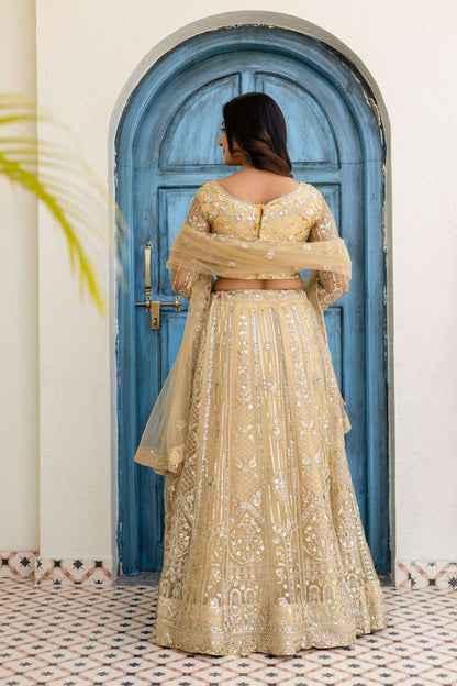 Stunning Cream Butterfly Net Sequence And Embroidery Designer Sangeet Wear Lehenga Choli