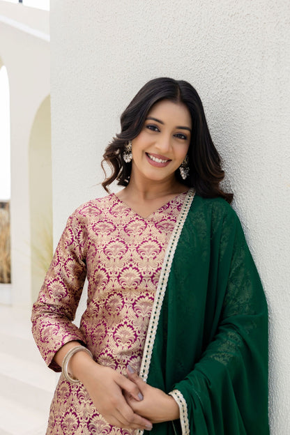 Elegated Stylish Viscose Jecard Traditional Wear Maroon kurta Paired With Plazzo Contrast Dupatta Set