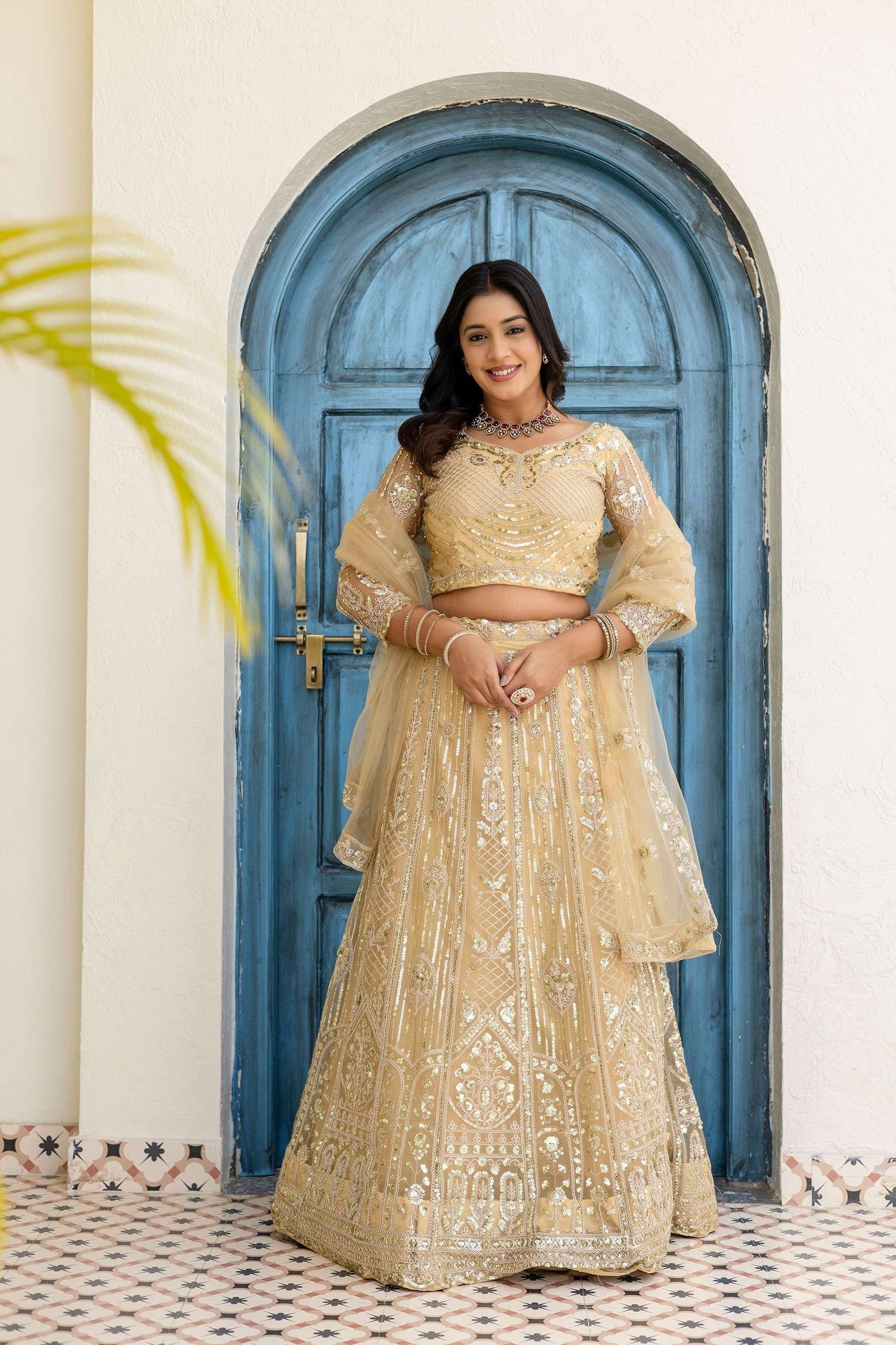 Stunning Cream Butterfly Net Sequence And Embroidery Designer Sangeet Wear Lehenga Choli