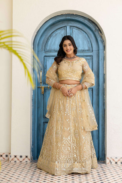 Stunning Cream Butterfly Net Sequence And Embroidery Designer Sangeet Wear Lehenga Choli