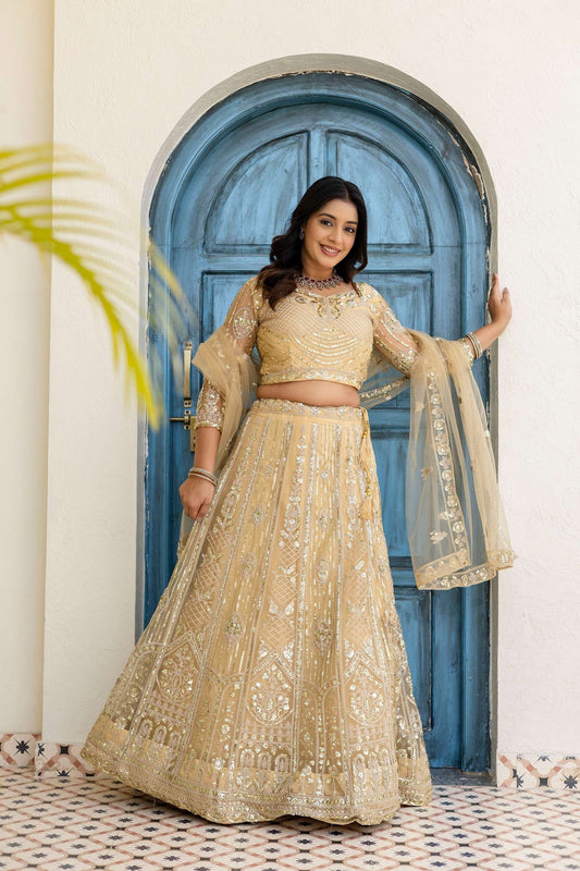 Stunning Cream Butterfly Net Sequence And Embroidery Designer Sangeet Wear Lehenga Choli