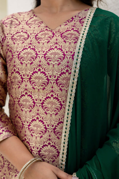 Elegated Stylish Viscose Jecard Traditional Wear Maroon kurta Paired With Plazzo Contrast Dupatta Set