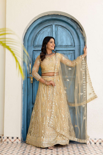 Stunning Cream Butterfly Net Sequence And Embroidery Designer Sangeet Wear Lehenga Choli
