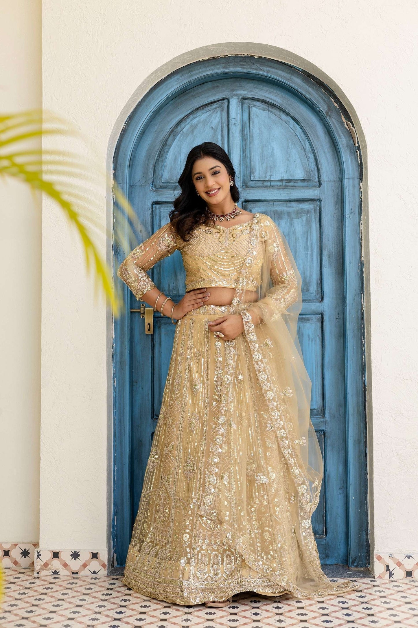 Stunning Cream Butterfly Net Sequence And Embroidery Designer Sangeet Wear Lehenga Choli