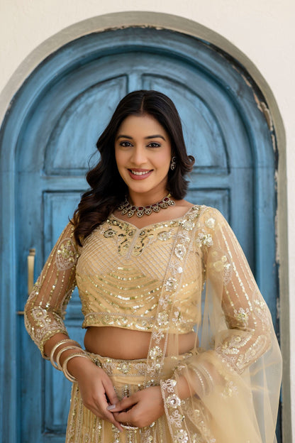 Stunning Cream Butterfly Net Sequence And Embroidery Designer Sangeet Wear Lehenga Choli