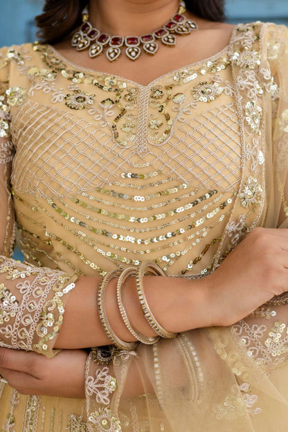 Stunning Cream Butterfly Net Sequence And Embroidery Designer Sangeet Wear Lehenga Choli