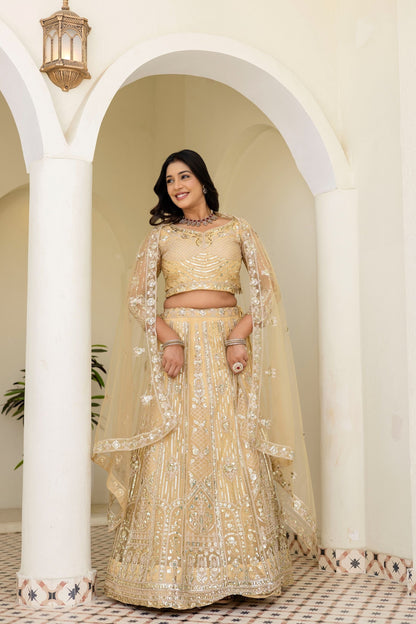 Stunning Cream Butterfly Net Sequence And Embroidery Designer Sangeet Wear Lehenga Choli